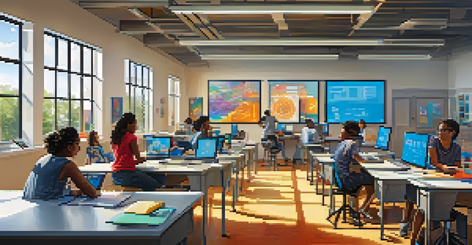 A diverse group of students in a bright classroom, working together on technology projects during a tech apprenticeship.