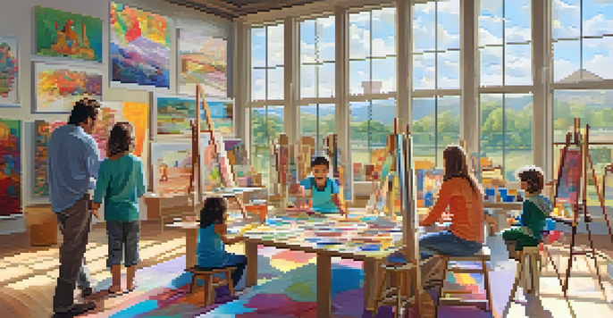 A family with children engaged in an art-making activity in a bright gallery filled with colorful artworks, enjoying quality time together.