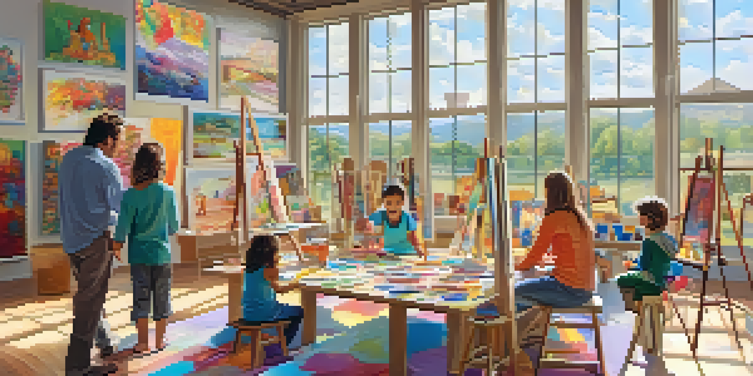 A family with children engaged in an art-making activity in a bright gallery filled with colorful artworks, enjoying quality time together.