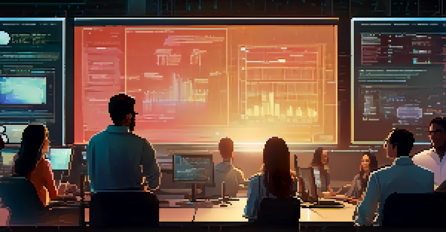 Close-up of a computer screen with code, surrounded by diverse students engaged in discussion in a modern workspace.