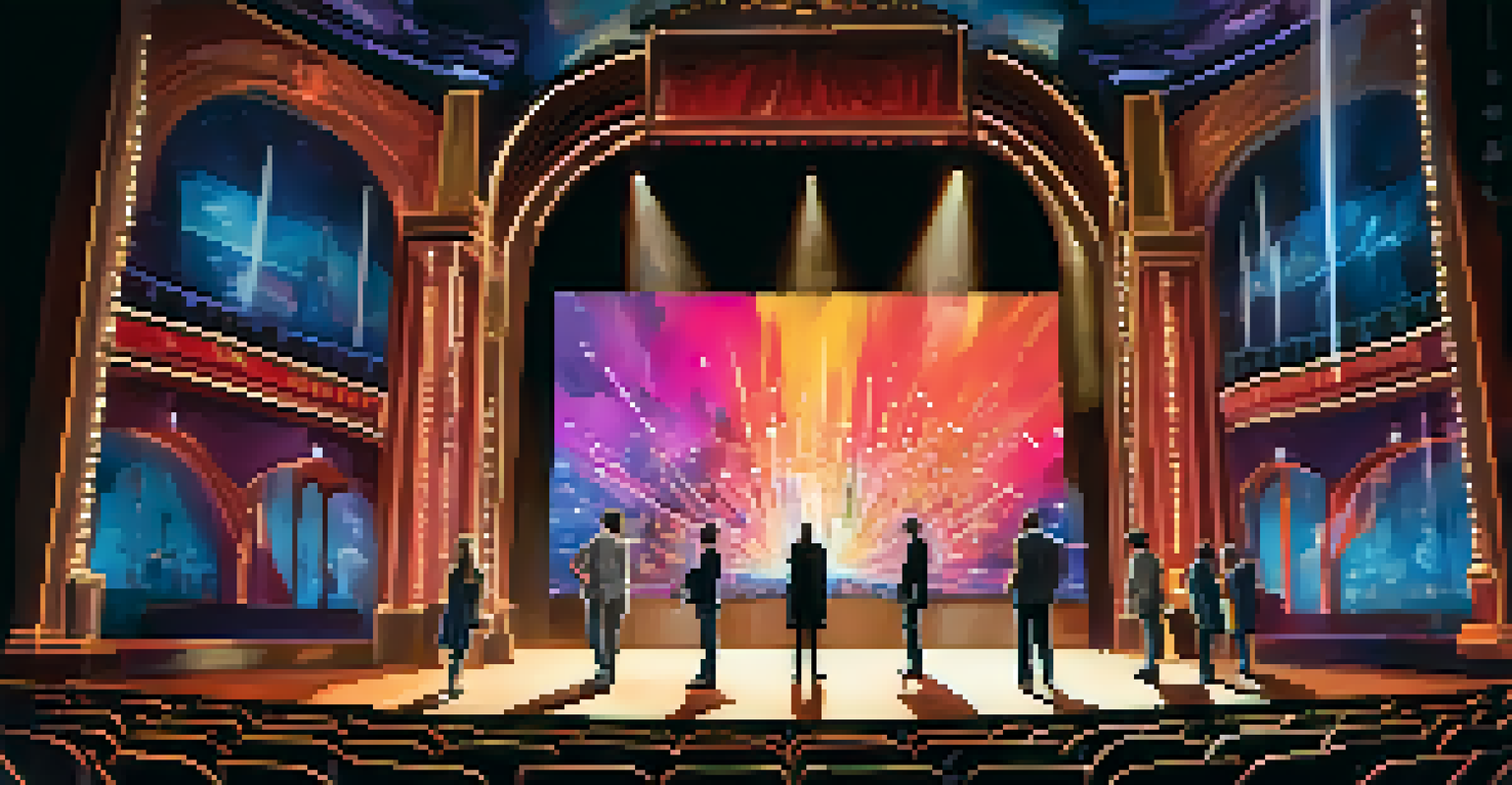 A modern theater stage blending traditional and digital elements with actors performing and an engaged audience in the foreground.