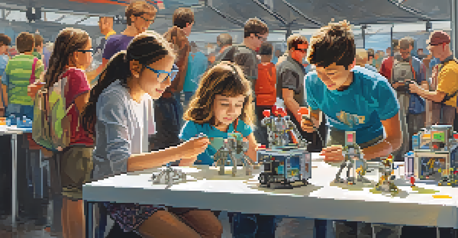 Participants at a Maker Faire engaging in hands-on projects, including 3D printing and robotics, surrounded by colorful displays and enthusiastic attendees.