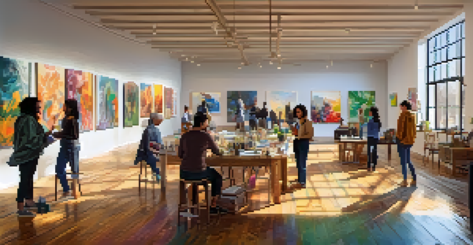 A lively room where diverse artists are collaborating, surrounded by colorful artworks and natural light.