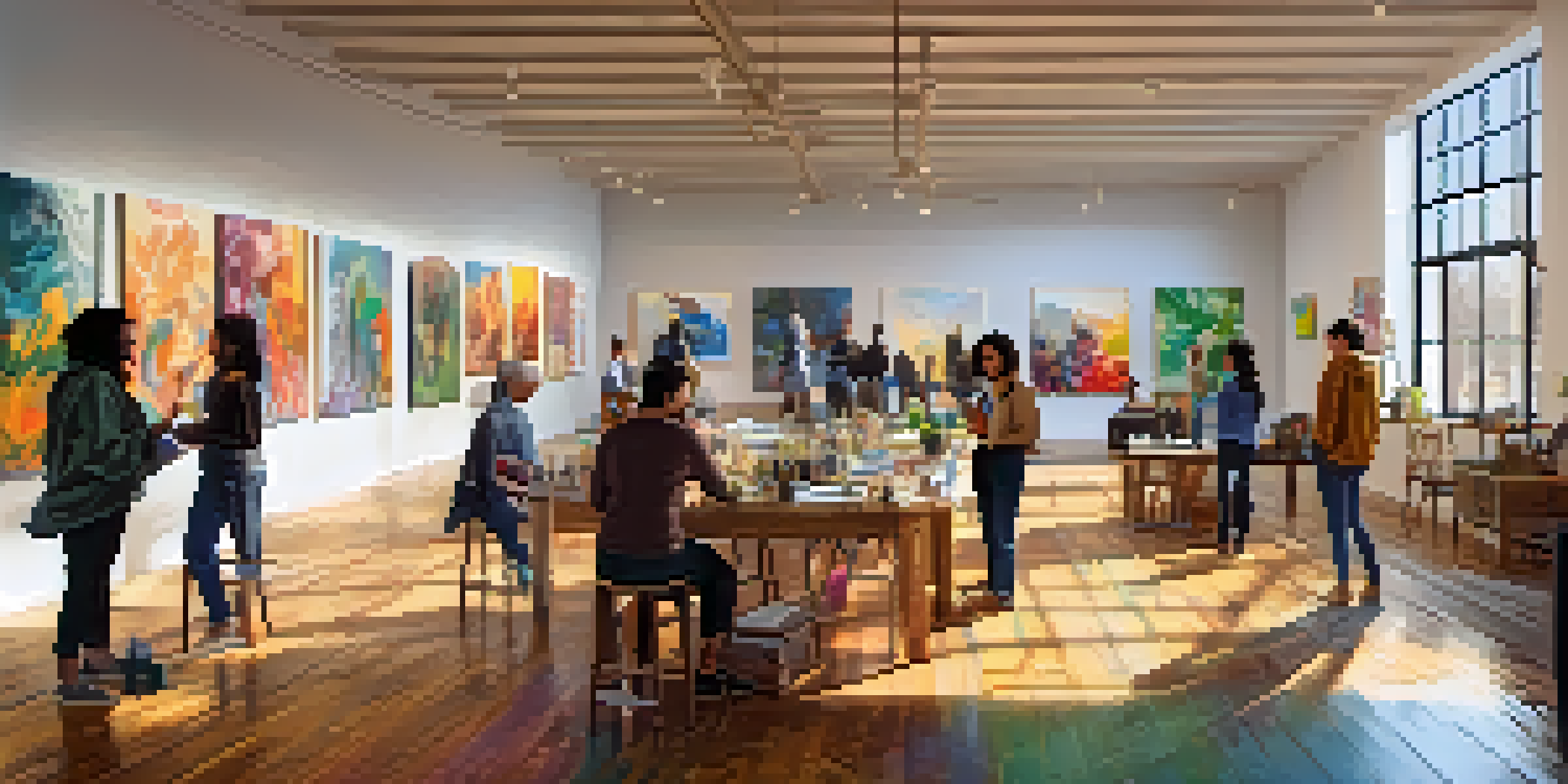 A lively room where diverse artists are collaborating, surrounded by colorful artworks and natural light.
