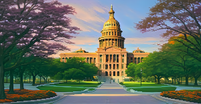 A view of the Texas State Capitol at sunset, with the building's pink granite shining in the warm light and tourists in the foreground.