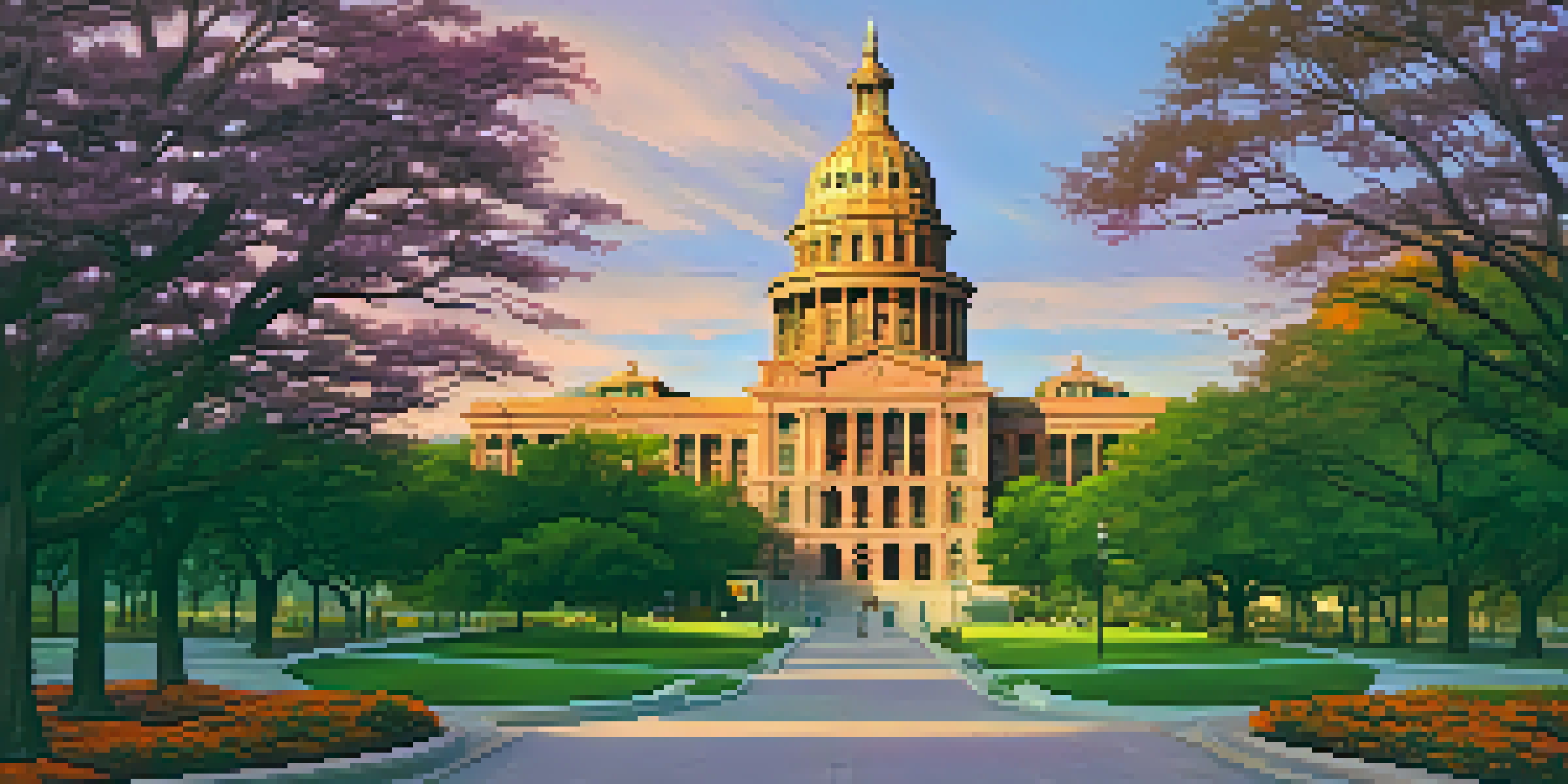 A view of the Texas State Capitol at sunset, with the building's pink granite shining in the warm light and tourists in the foreground.
