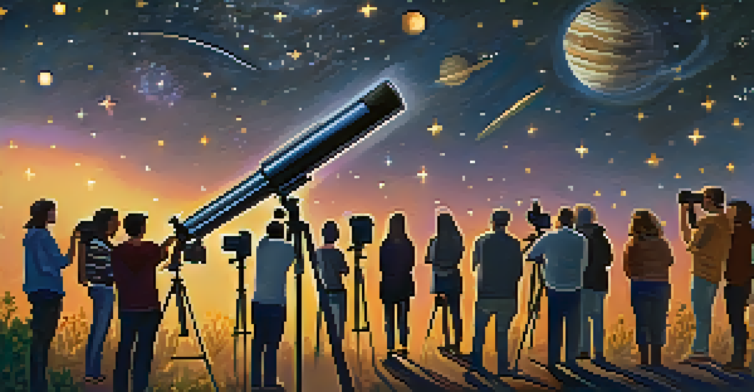 Attendees at a Star Party gazing through telescopes at a starry night sky with the Milky Way visible in the background.