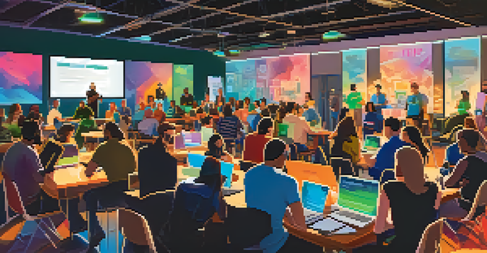 A lively tech meetup in Austin with diverse participants actively discussing and networking, surrounded by colorful banners and laptops.