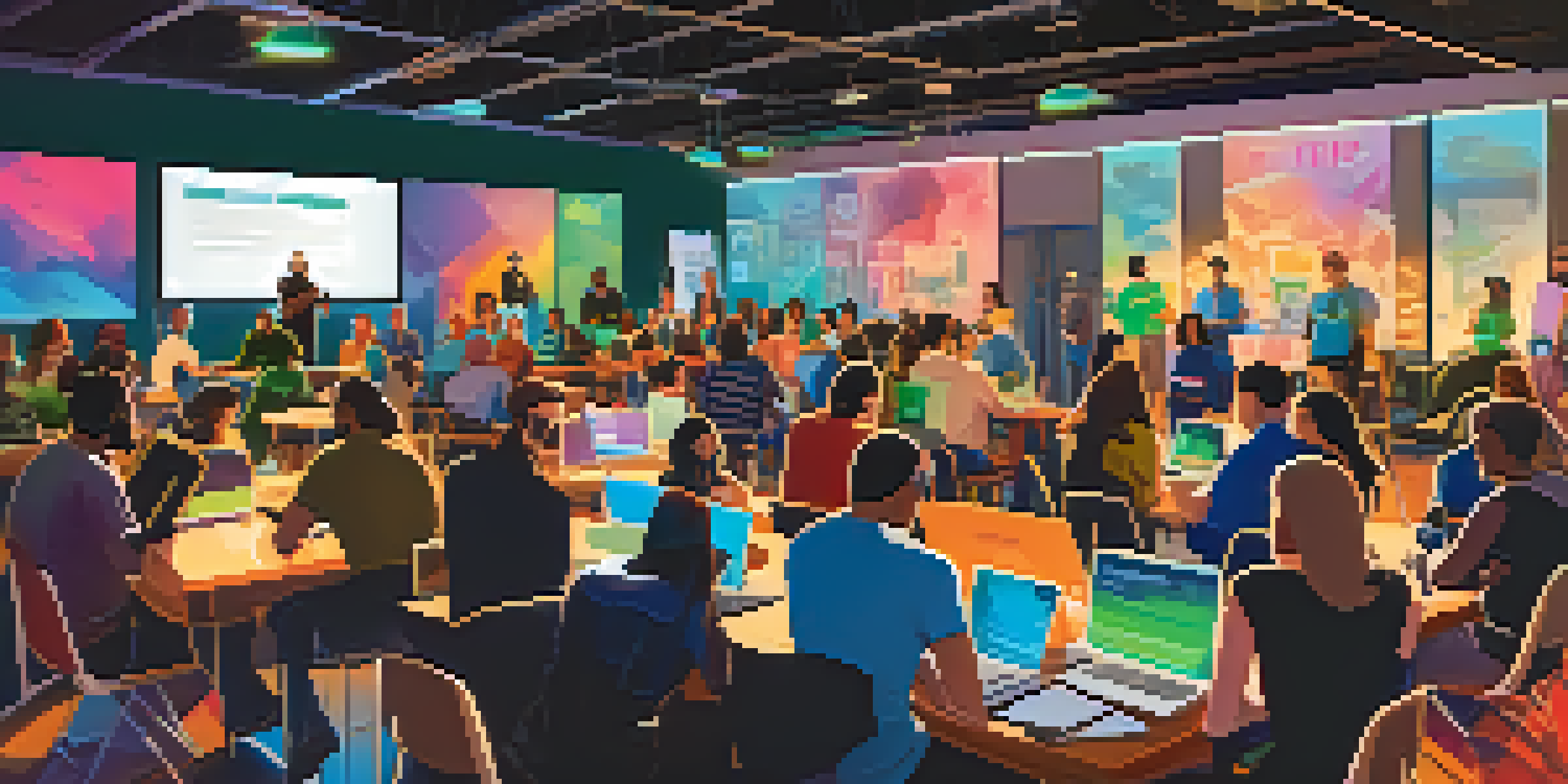 A lively tech meetup in Austin with diverse participants actively discussing and networking, surrounded by colorful banners and laptops.