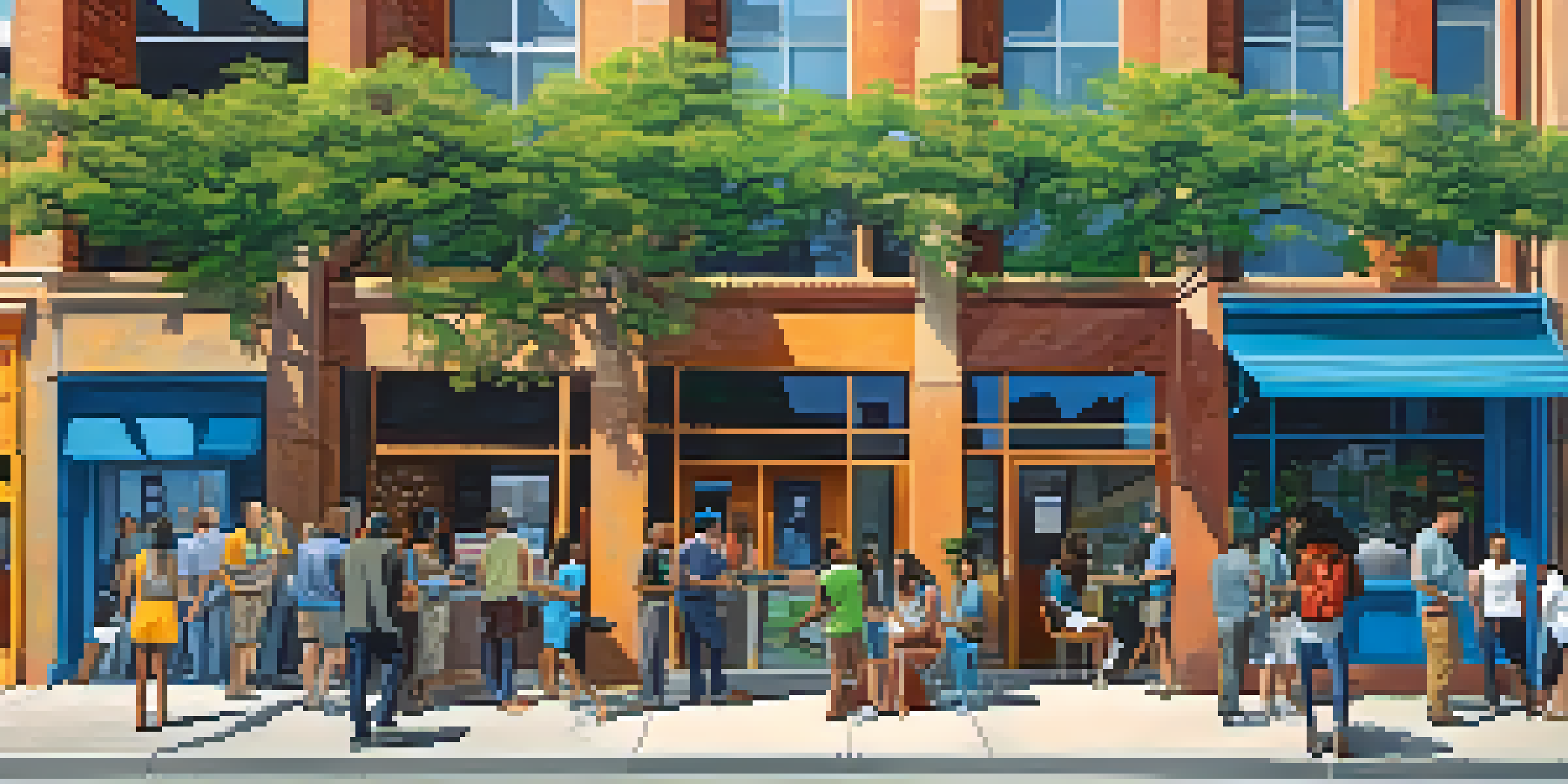 A lively street in Austin with diverse tech entrepreneurs talking outside a modern office, surrounded by colorful murals and greenery.