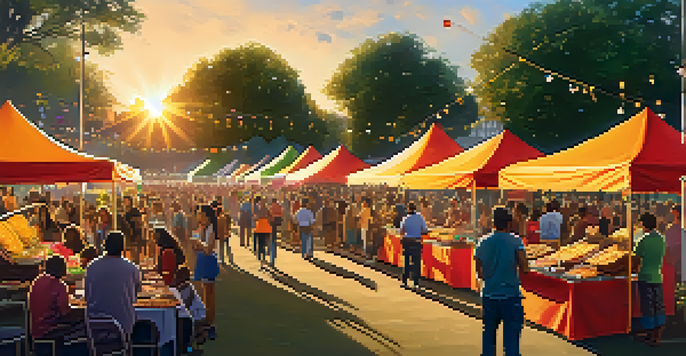 A lively community festival with diverse people enjoying food and art under colorful decorations during sunset.