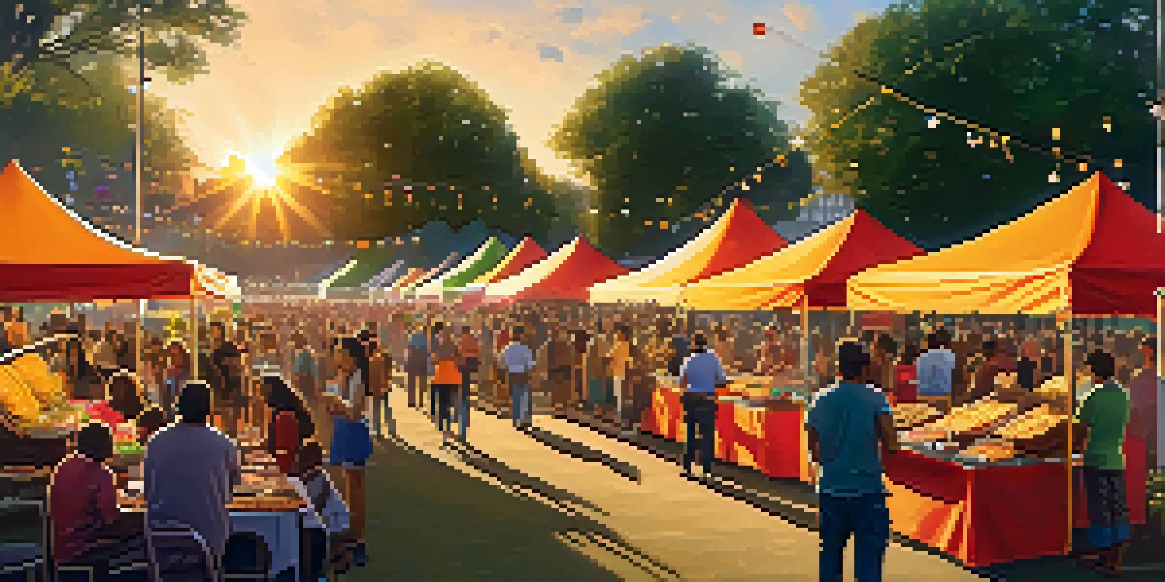 A lively community festival with diverse people enjoying food and art under colorful decorations during sunset.