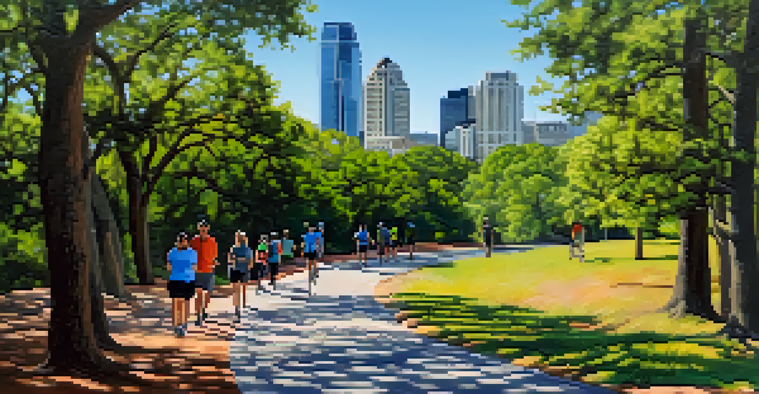 A lively view of the Ann and Roy Butler Hike-and-Bike Trail around Lady Bird Lake, with people jogging, cycling, and the city skyline visible.