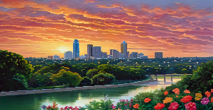 A scenic sunset view of Travis Heights featuring the water tower, downtown Austin skyline, and lush greenery.