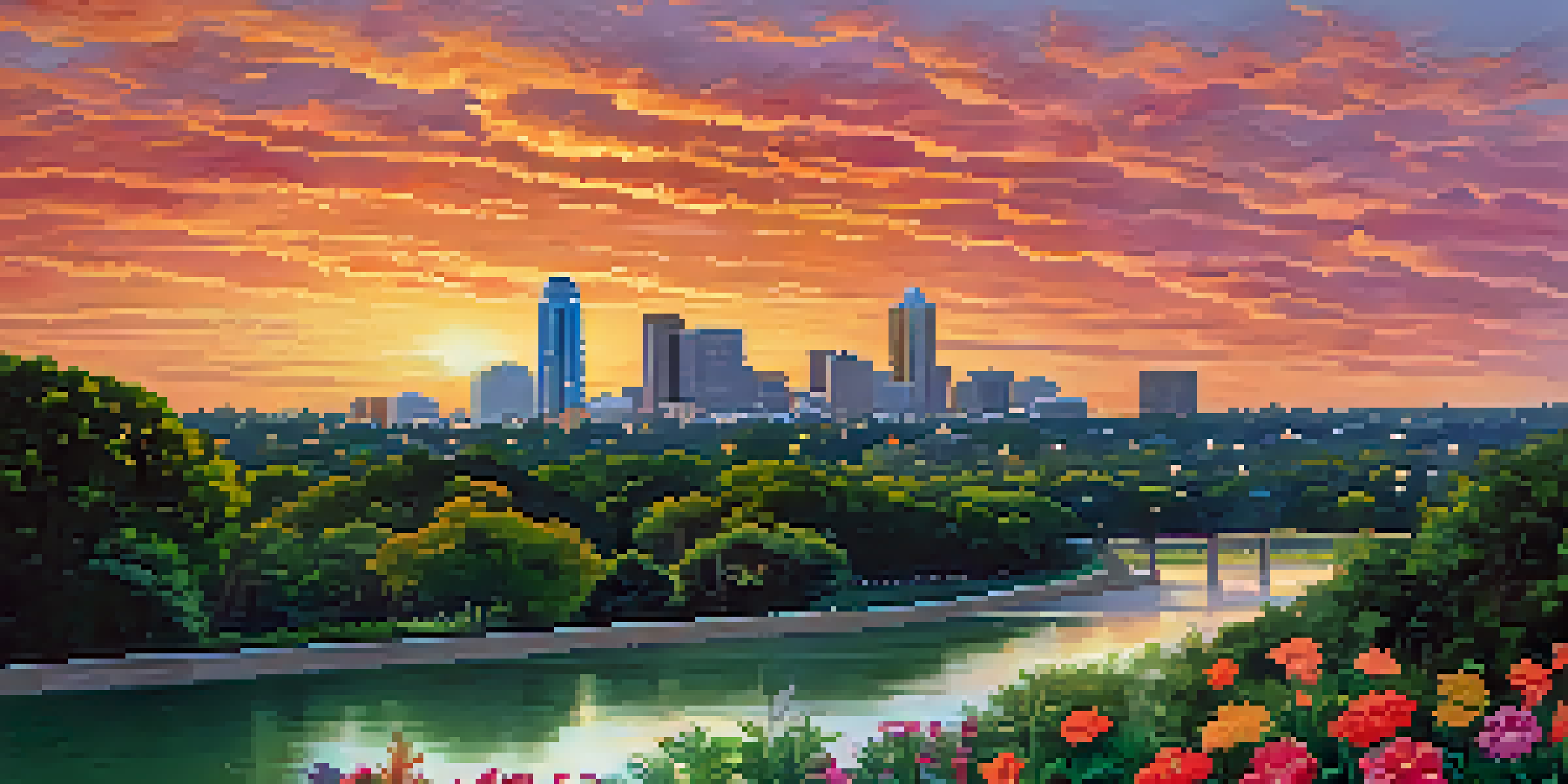 A scenic sunset view of Travis Heights featuring the water tower, downtown Austin skyline, and lush greenery.