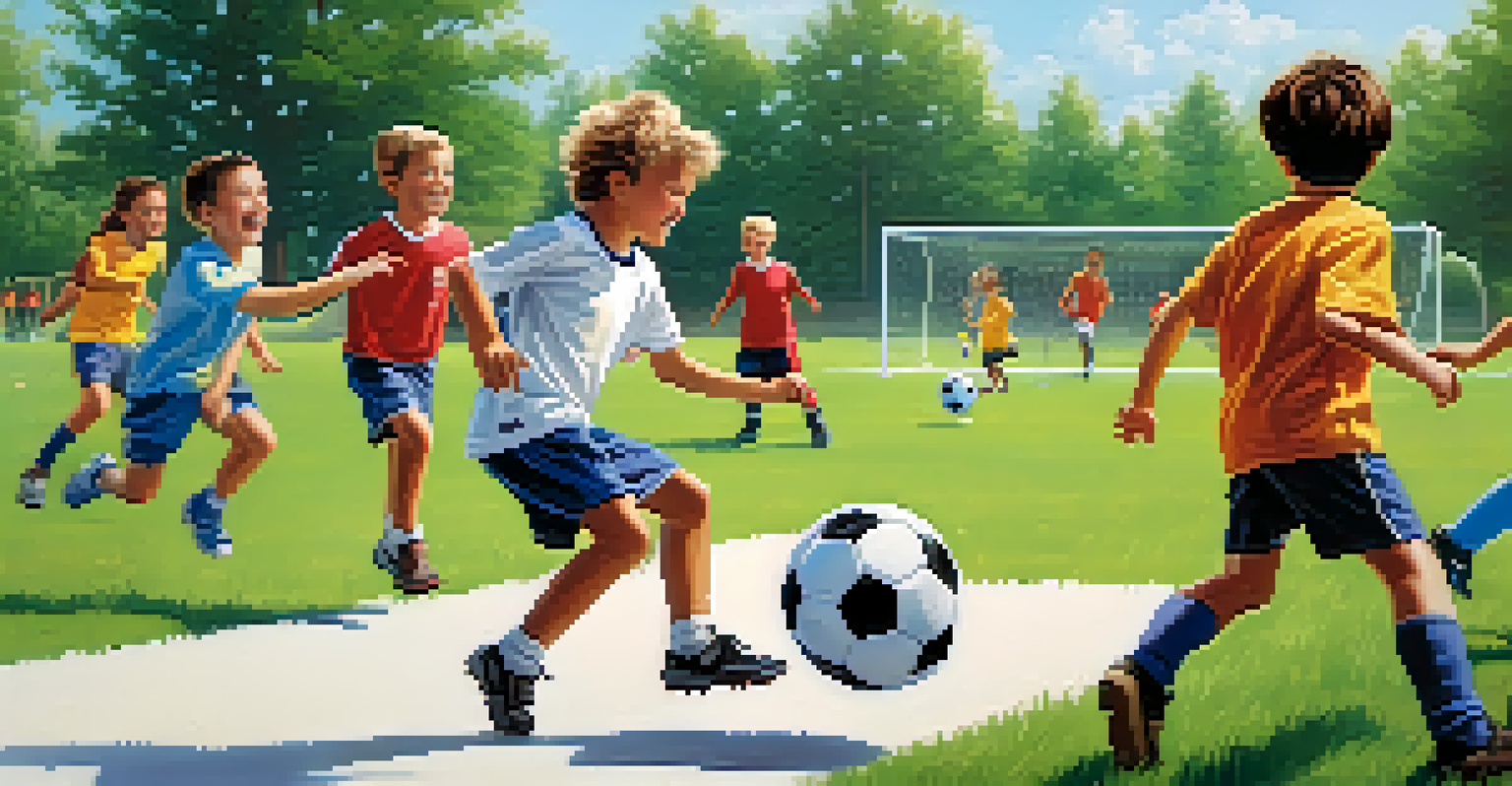Children practicing soccer on a green field, with one child kicking the ball and teammates cheering in the background.