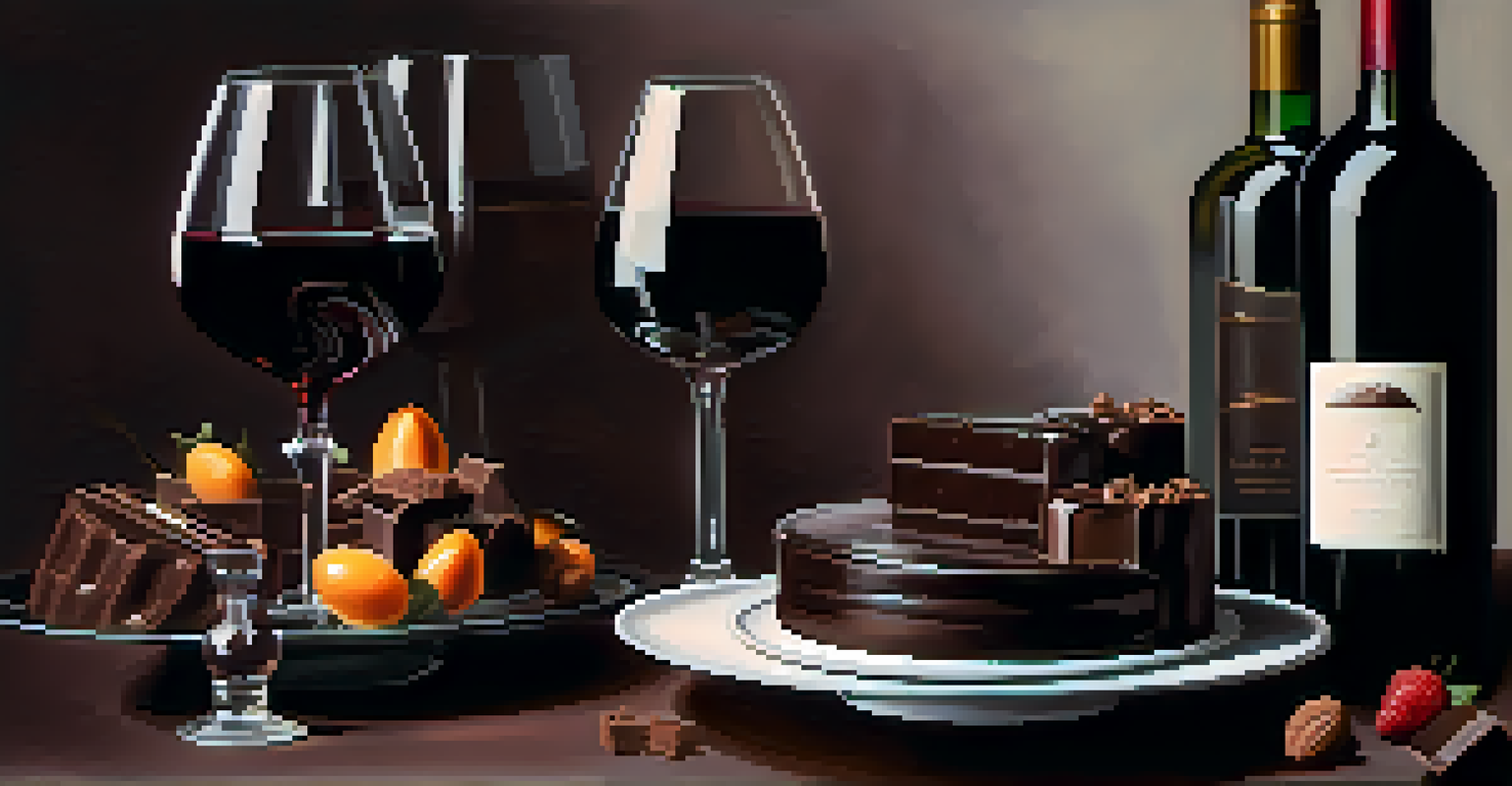 A glass of Malbec alongside an artistic display of dark chocolate desserts, set in a softly lit ambiance.