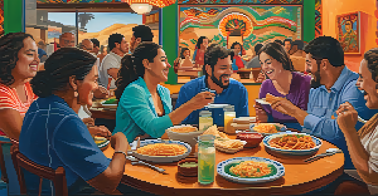 A group of people on a Tex-Mex culinary tour enjoying a meal at a restaurant, with various dishes and a vibrant mural in the background.
