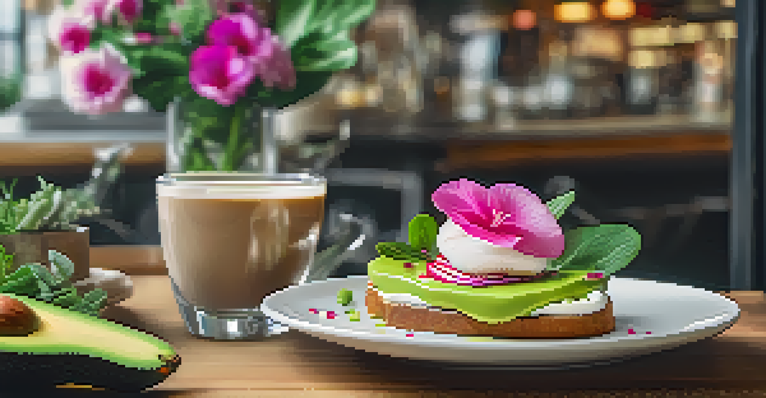 A stylish café scene with avocado toast and latte art, surrounded by plants and decorative elements, illuminated by soft lighting.