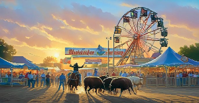 Families enjoying the Austin Rodeo, with children riding sheep and vibrant carnival rides in the background.