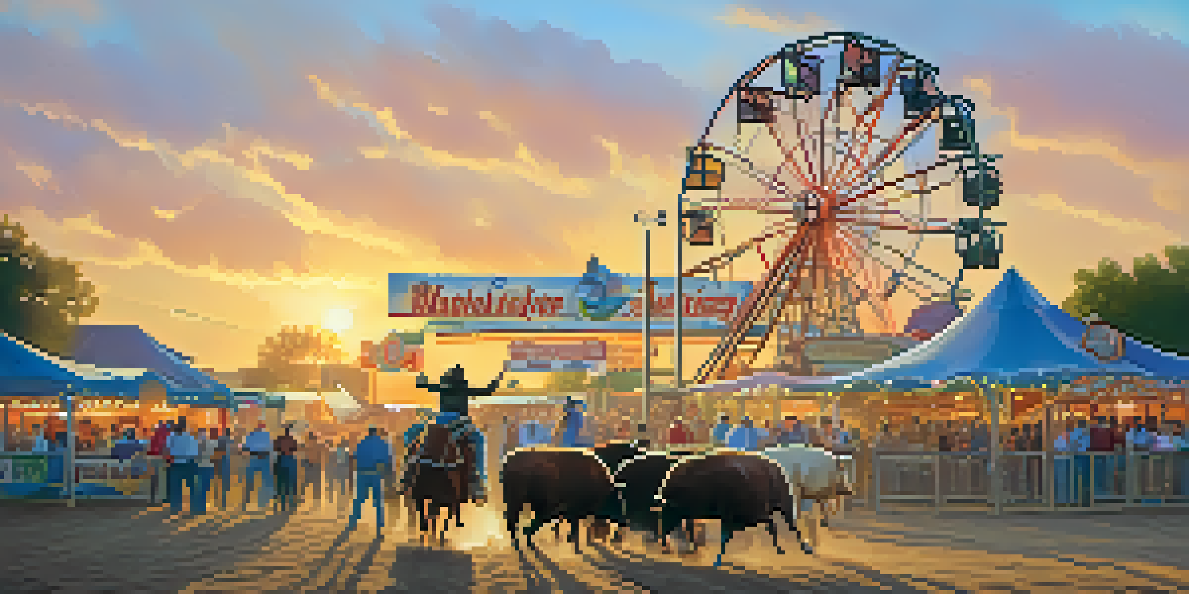 Families enjoying the Austin Rodeo, with children riding sheep and vibrant carnival rides in the background.