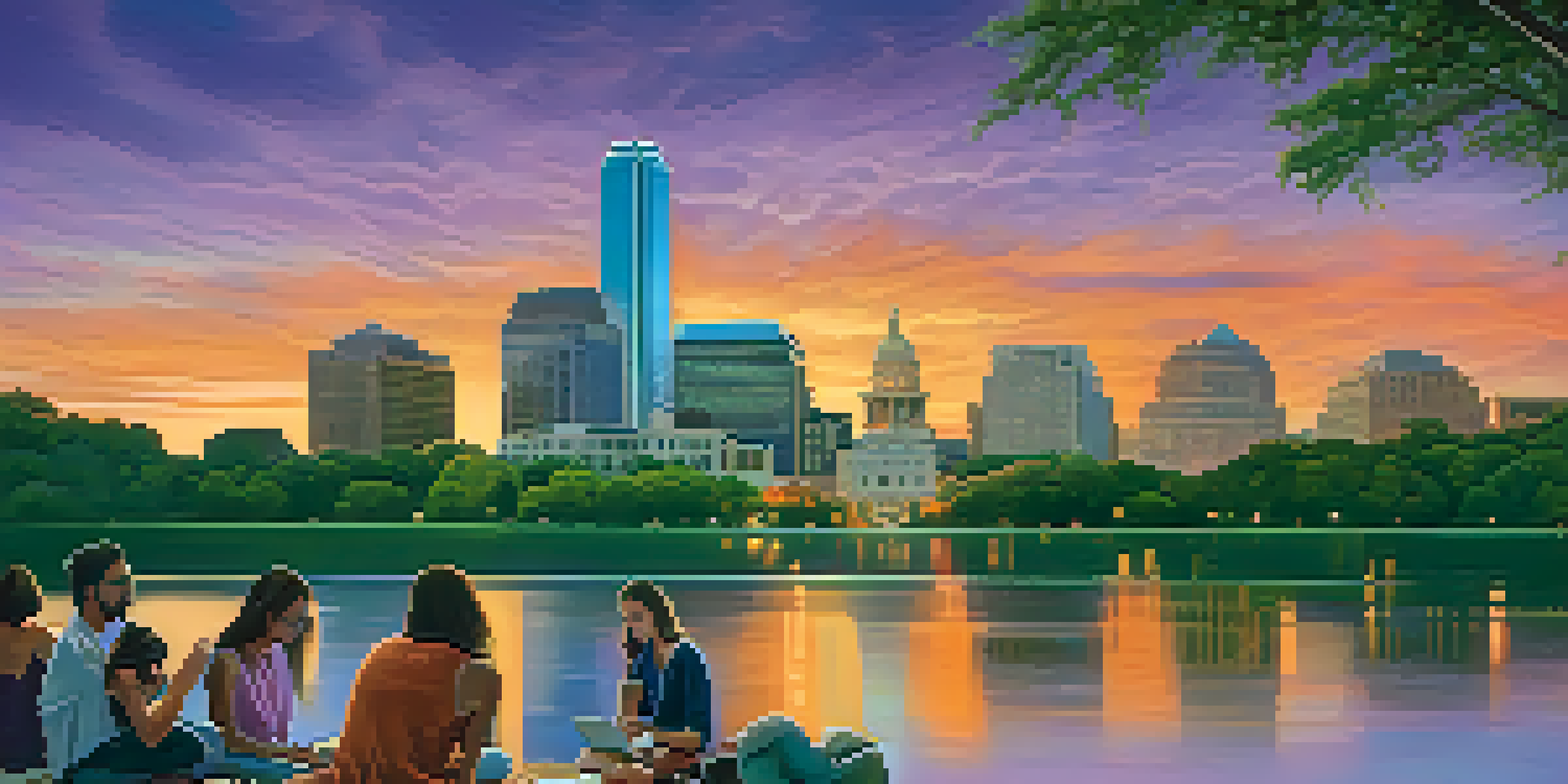 A colorful sunset over the Austin skyline with the Texas State Capitol and a group of diverse entrepreneurs networking by the water.