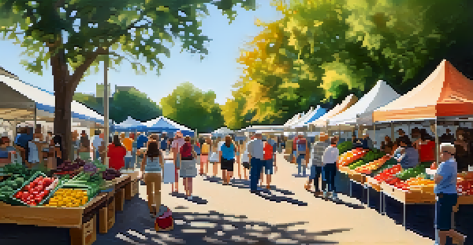 A lively farmers' market with colorful stalls, families shopping, and children engaged in face painting under the sunlight.