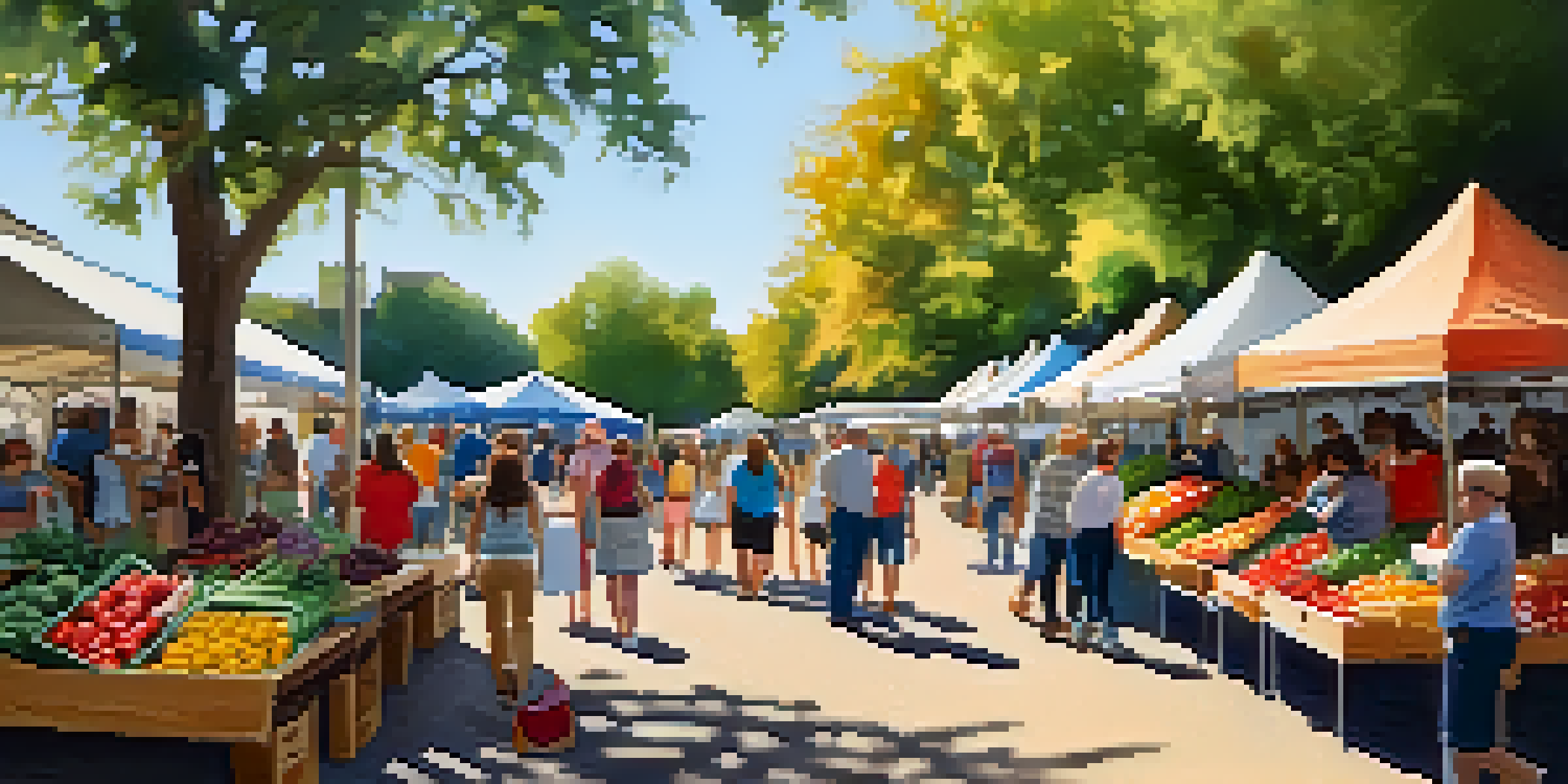 A lively farmers' market with colorful stalls, families shopping, and children engaged in face painting under the sunlight.