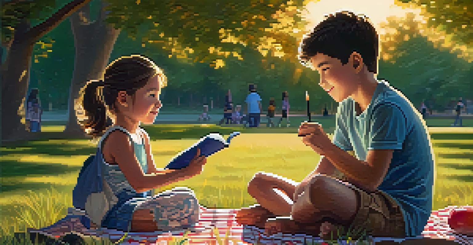 A Big Brother and Little Sister sharing a mentorship moment on a picnic blanket in a park during sunset.