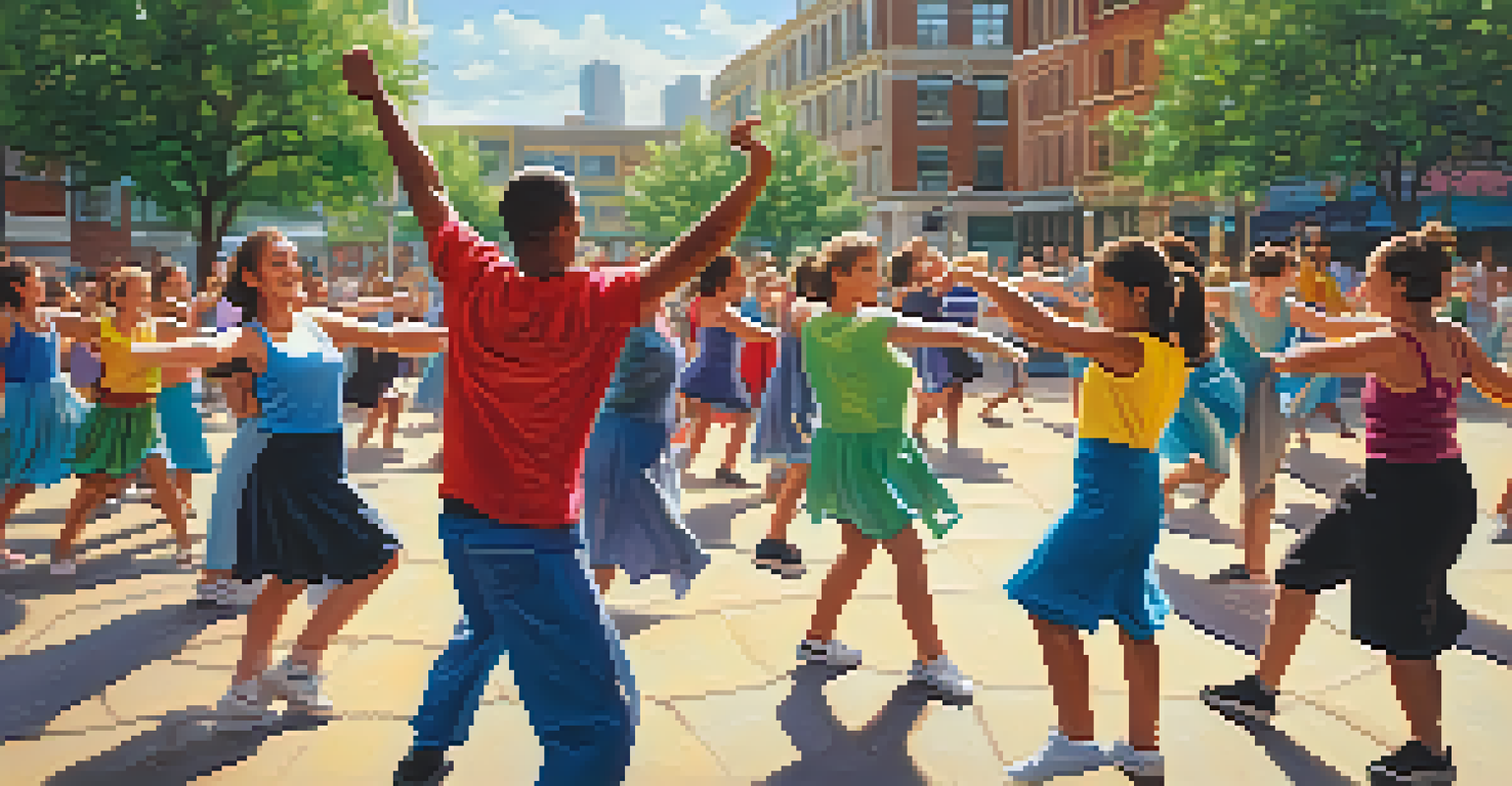 A joyful outdoor dance class in an urban square, with people of all ages dancing under the sun, surrounded by city buildings.
