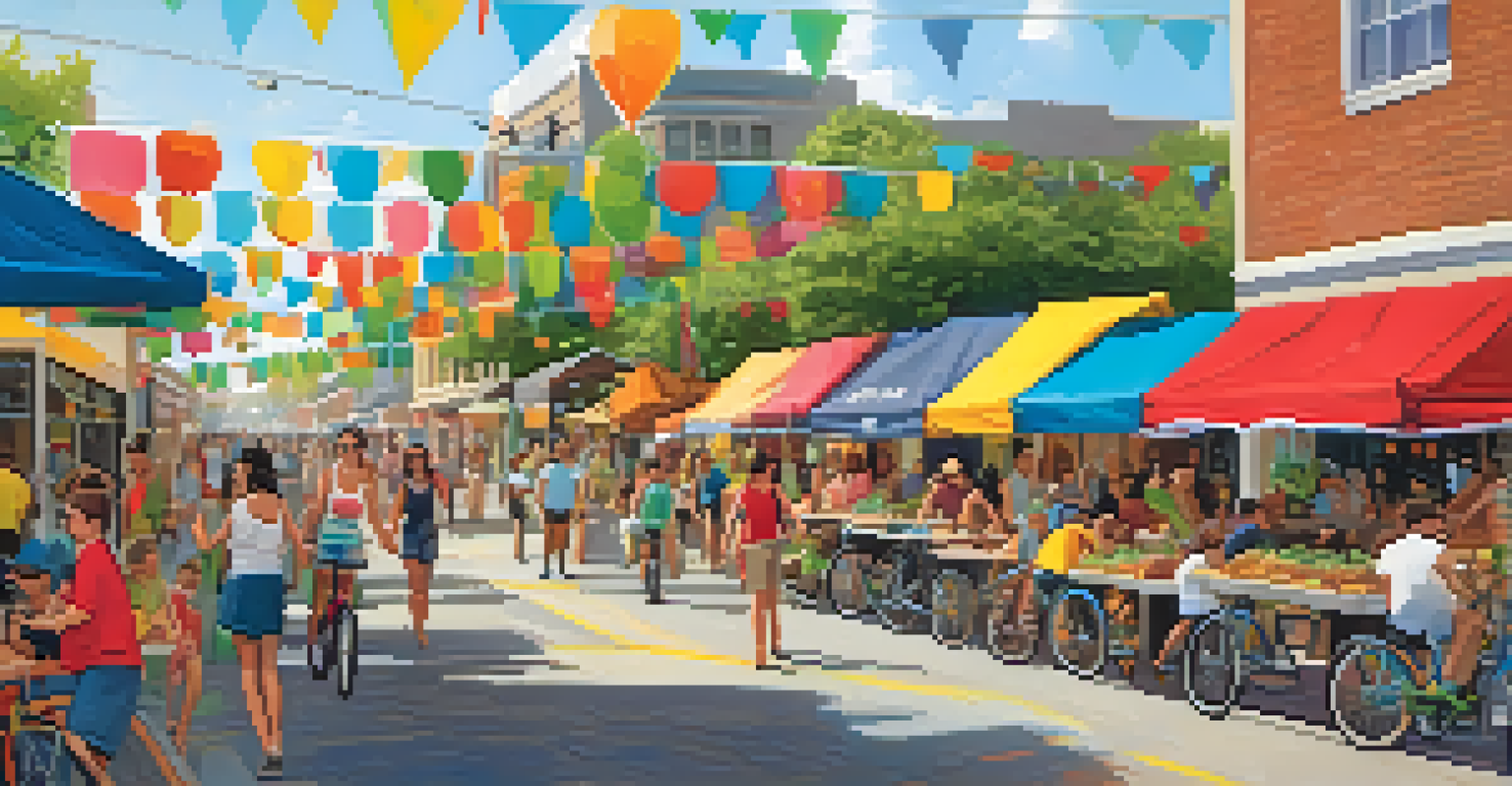 A vibrant community event in Austin celebrating a car-free day with families enjoying food, music, and activities focused on sustainable transportation.