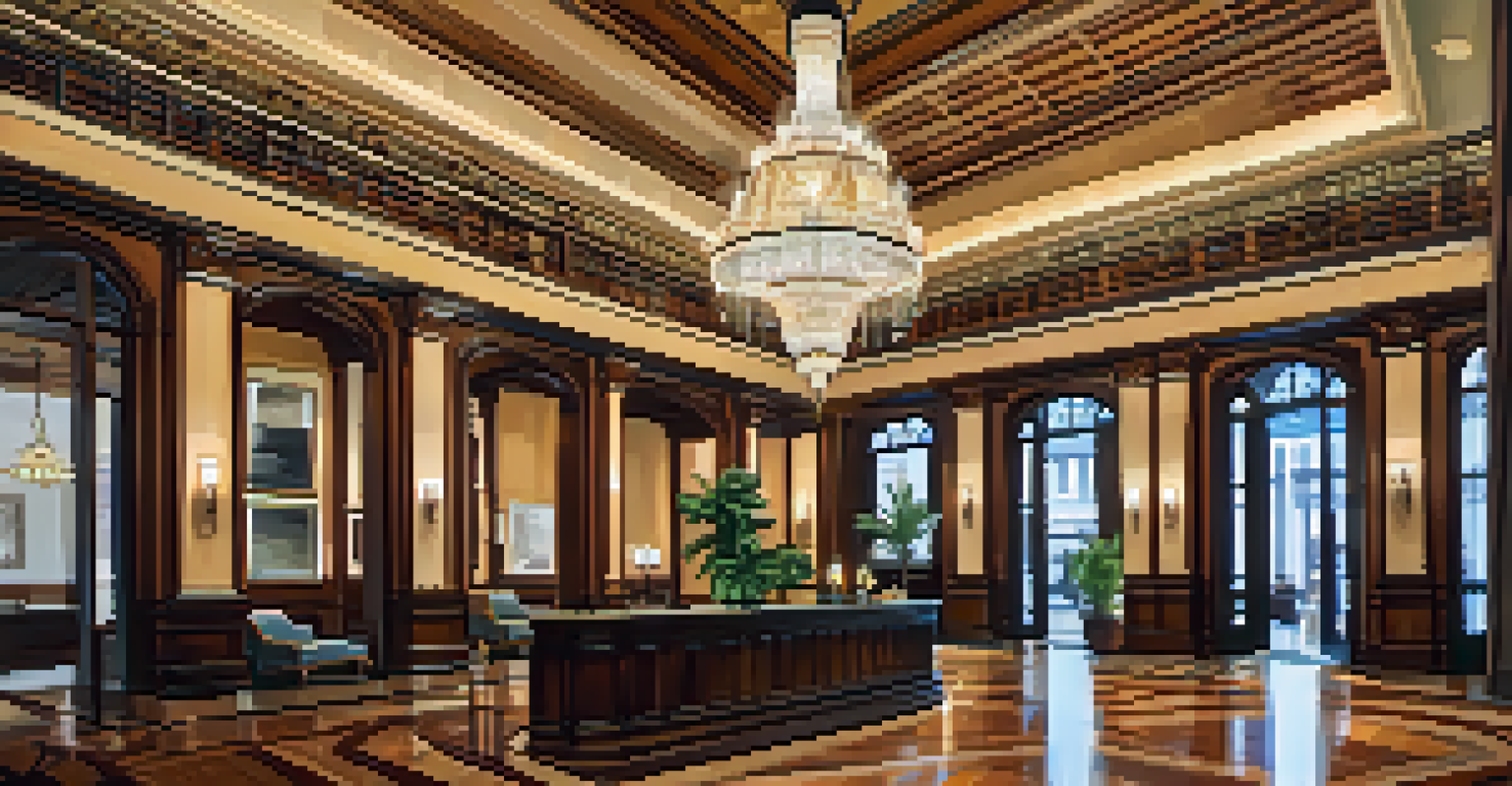 The luxurious lobby of the Driskill Hotel, showcasing ornate woodwork, a chandelier, and a sweeping staircase.
