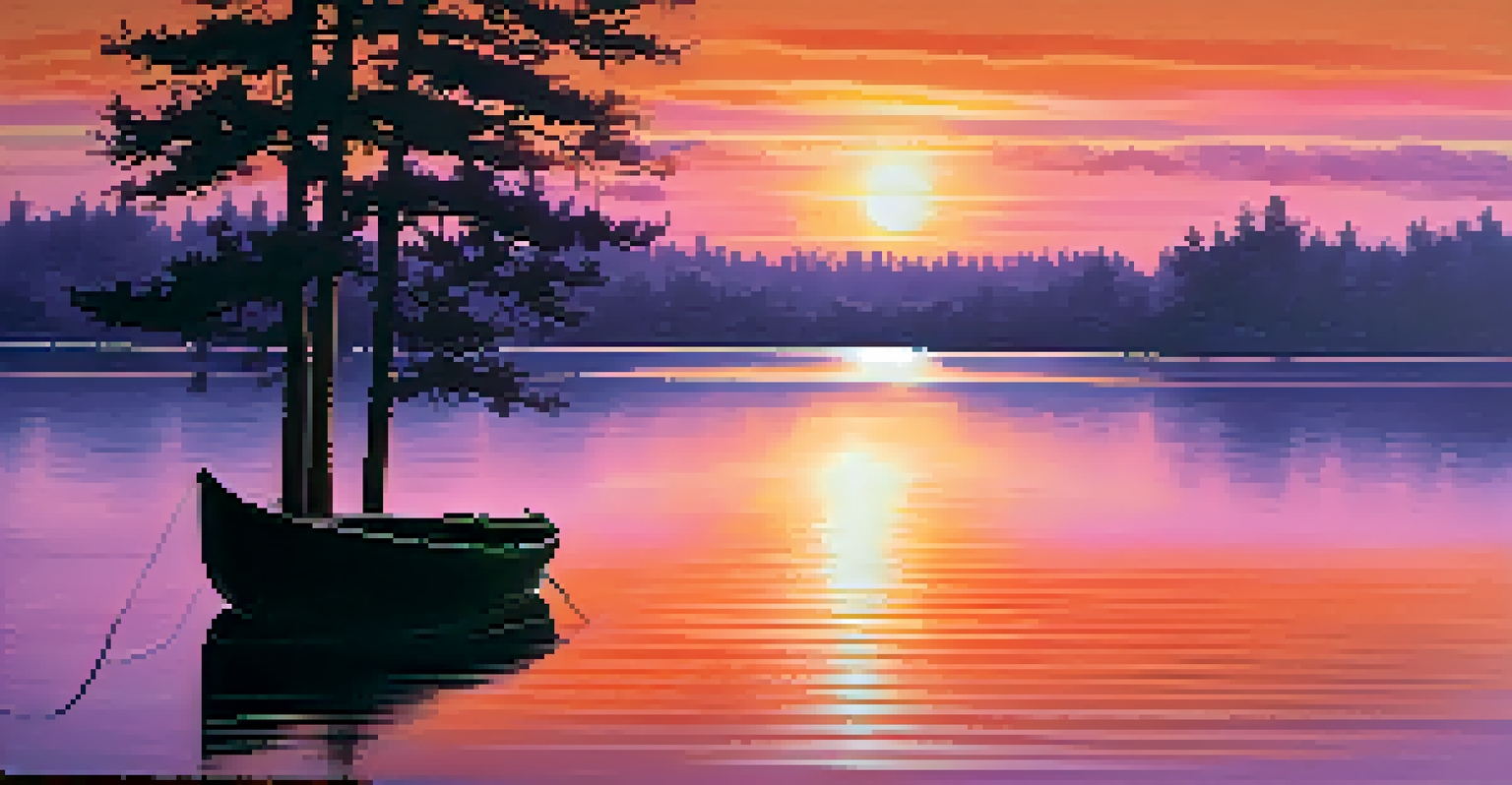 A sunset over a tranquil lake with a single boat floating on the water, surrounded by silhouettes of trees, symbolizing healing and hope with vibrant colors in the sky.