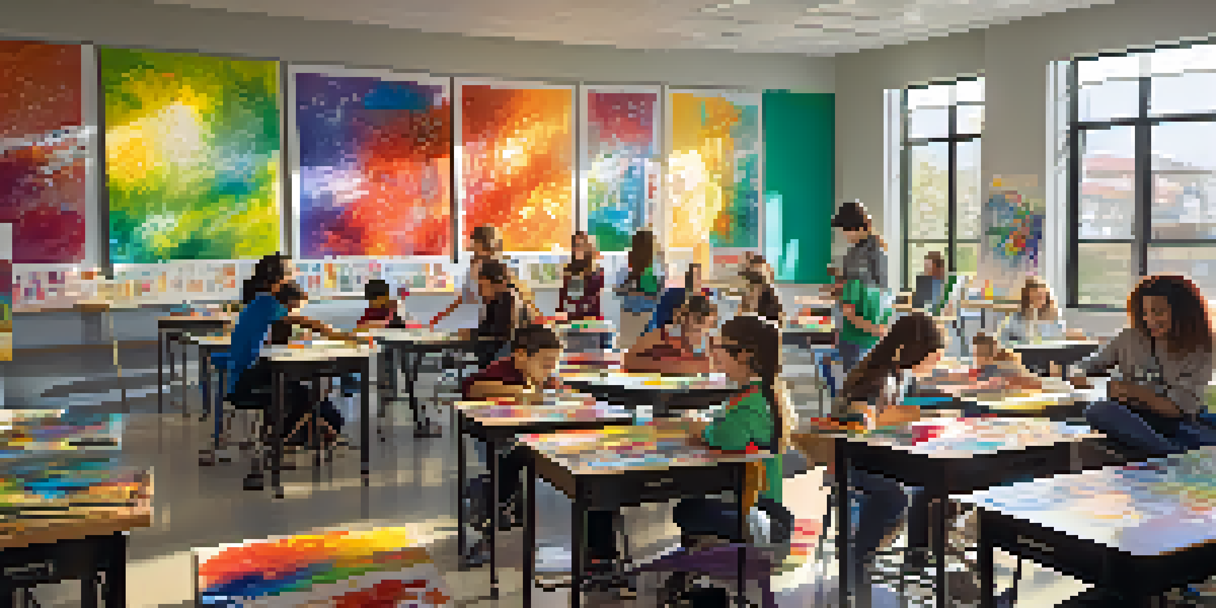 A lively classroom with diverse students happily participating in art education, surrounded by colorful art supplies and their artwork on the walls.