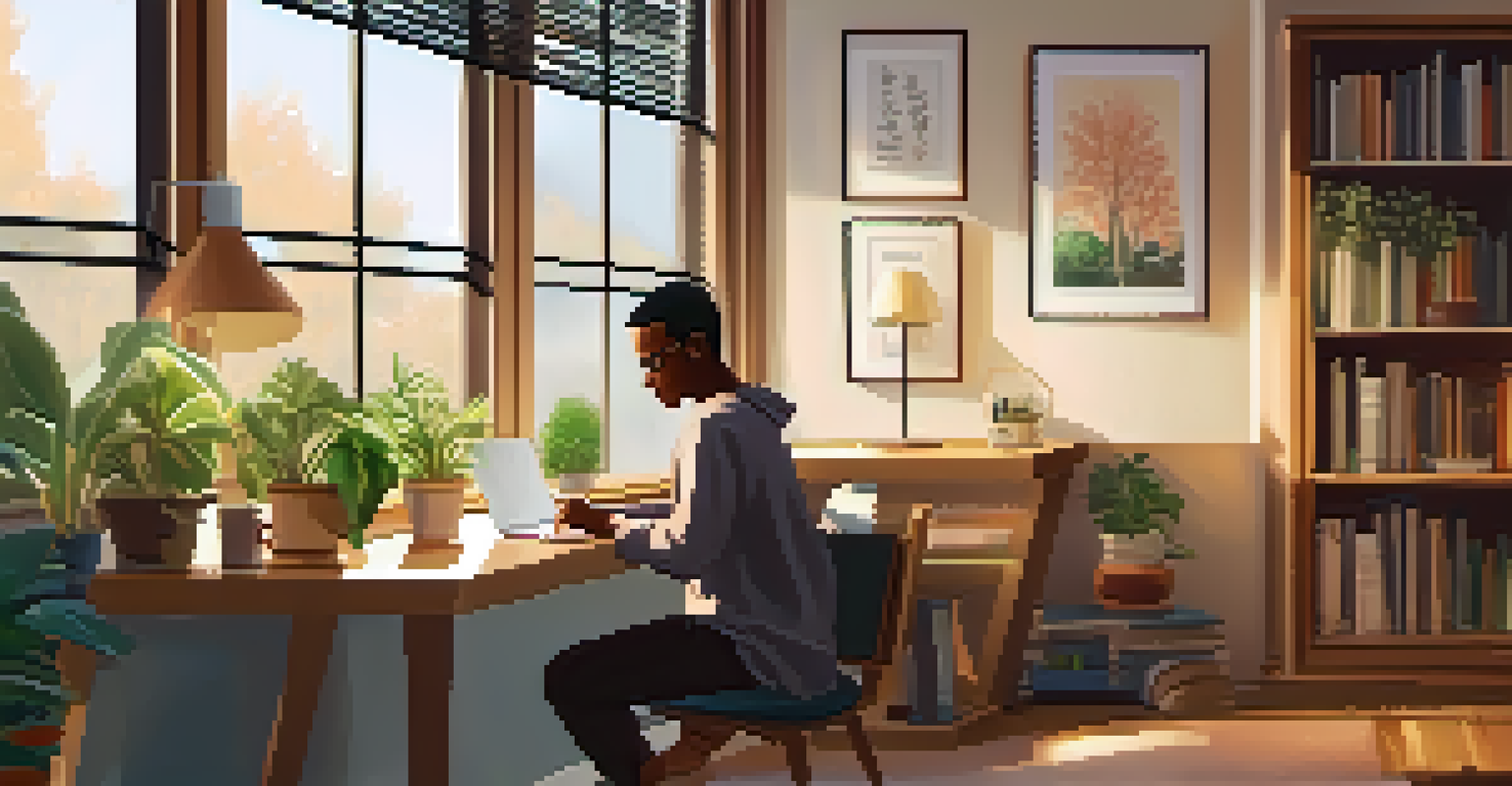 An adult learner studying in a comfortable and modern study space, engaged with a laptop and taking notes, surrounded by plants and books.