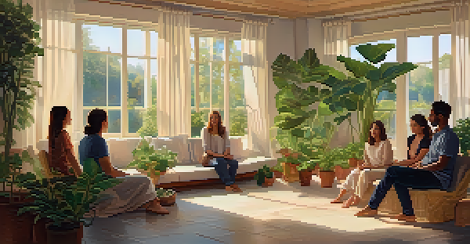 A diverse group of individuals sitting in a circle in a cozy, sunlit room, engaging in a supportive discussion.