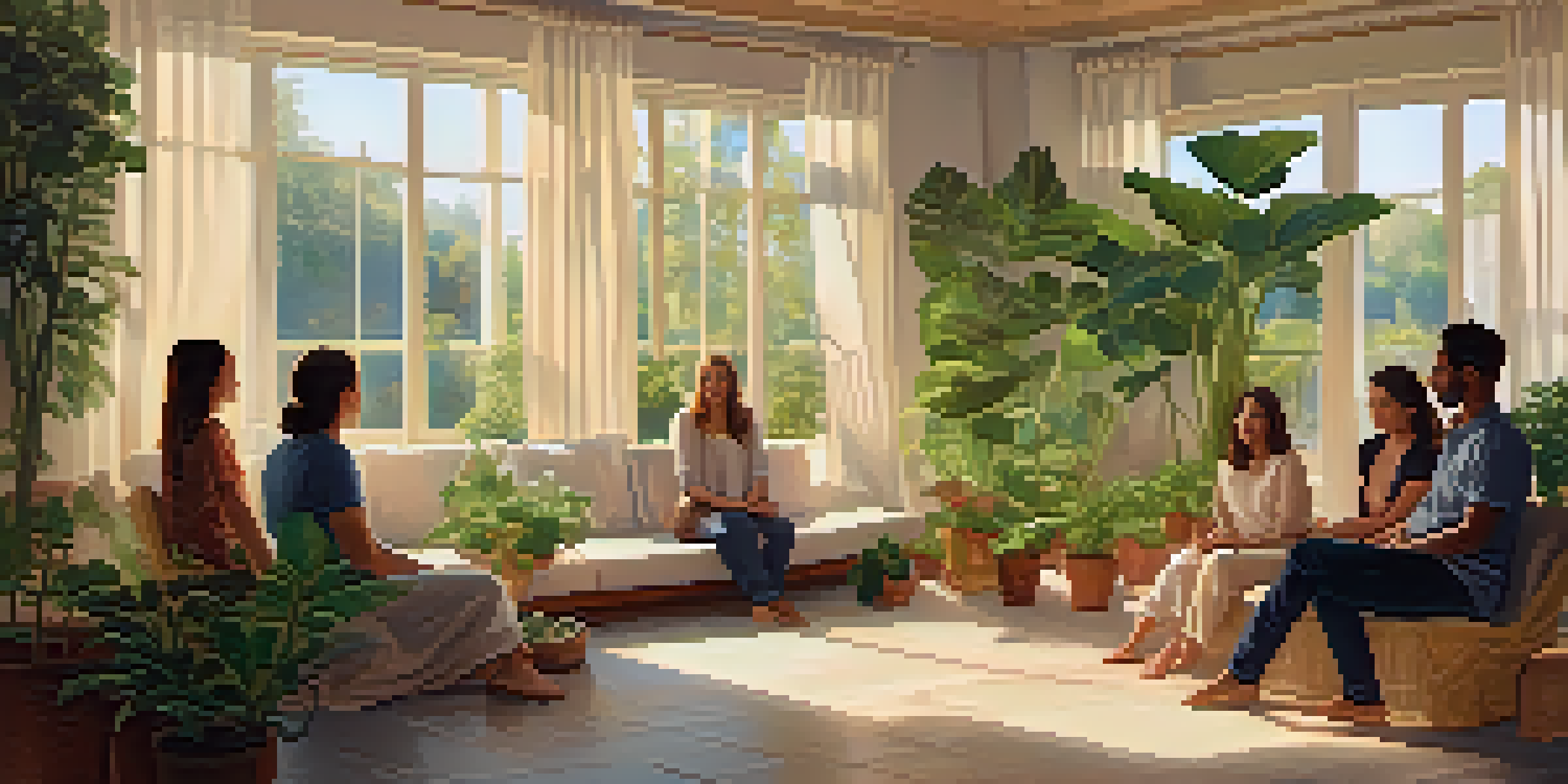 A diverse group of individuals sitting in a circle in a cozy, sunlit room, engaging in a supportive discussion.