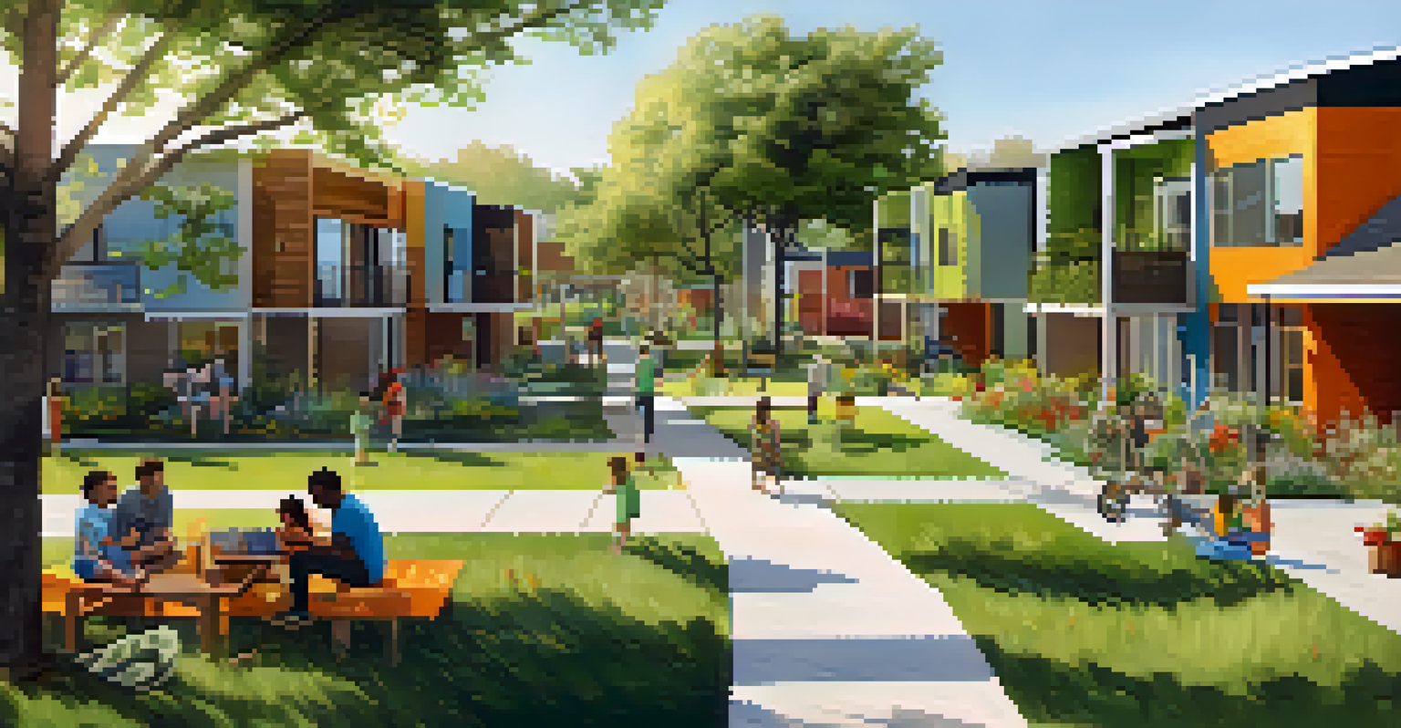A modern affordable housing development in Austin, showcasing eco-friendly buildings with solar panels, surrounded by families and community gardens.