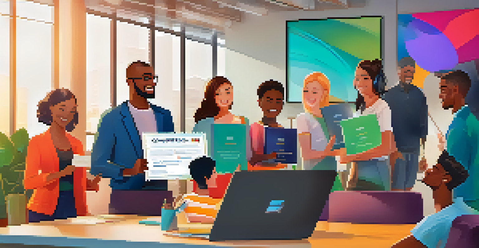 A proud coding bootcamp graduate holding their completion certificate, smiling amidst a celebratory atmosphere in a modern tech office.