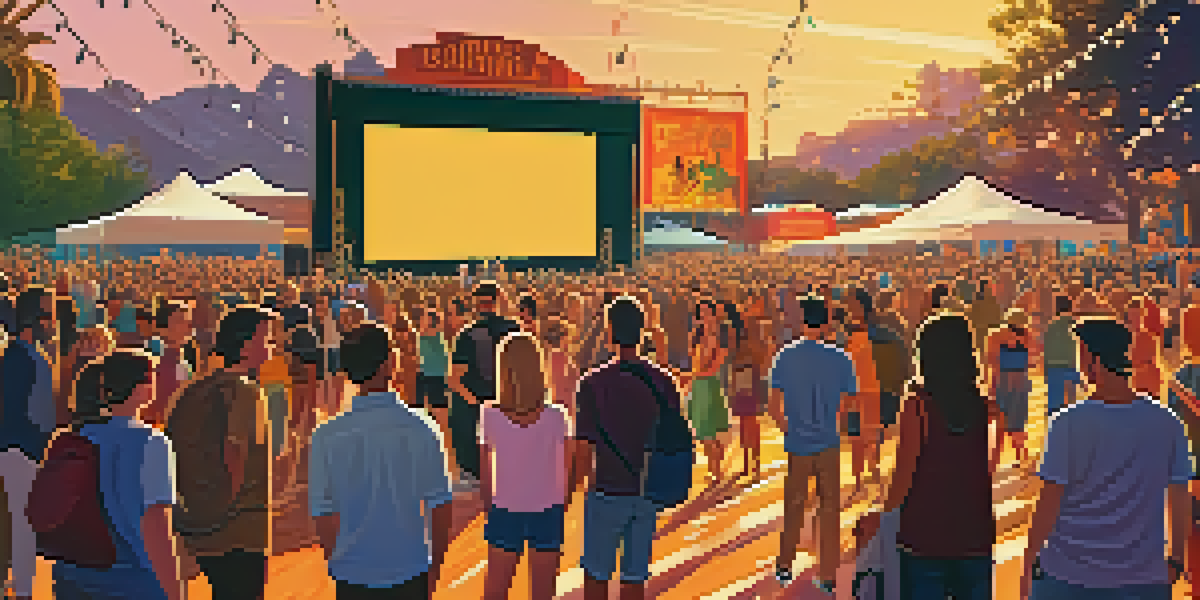 A lively outdoor film festival scene at sunset with diverse attendees engaging in conversation under colorful banners.