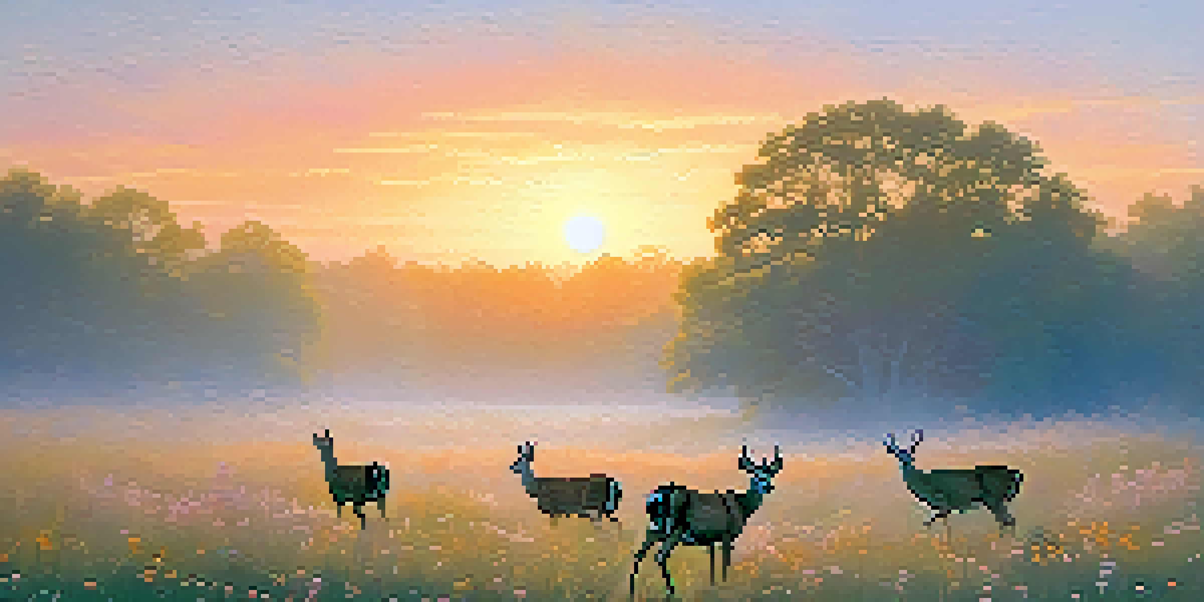 A picturesque early morning landscape in Austin with deer grazing in a misty field and a colorful sunrise.