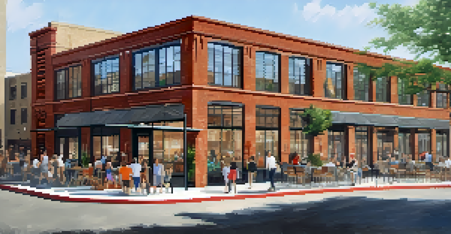 A transformed historic warehouse in Austin, featuring a blend of old brick exterior and modern interior design, bustling with people.