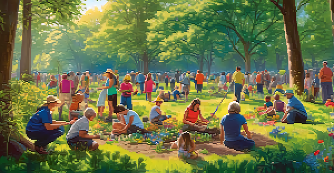 A diverse group of people planting native trees and flowers in a green park during a community restoration project, with sunlight shining through the leaves.