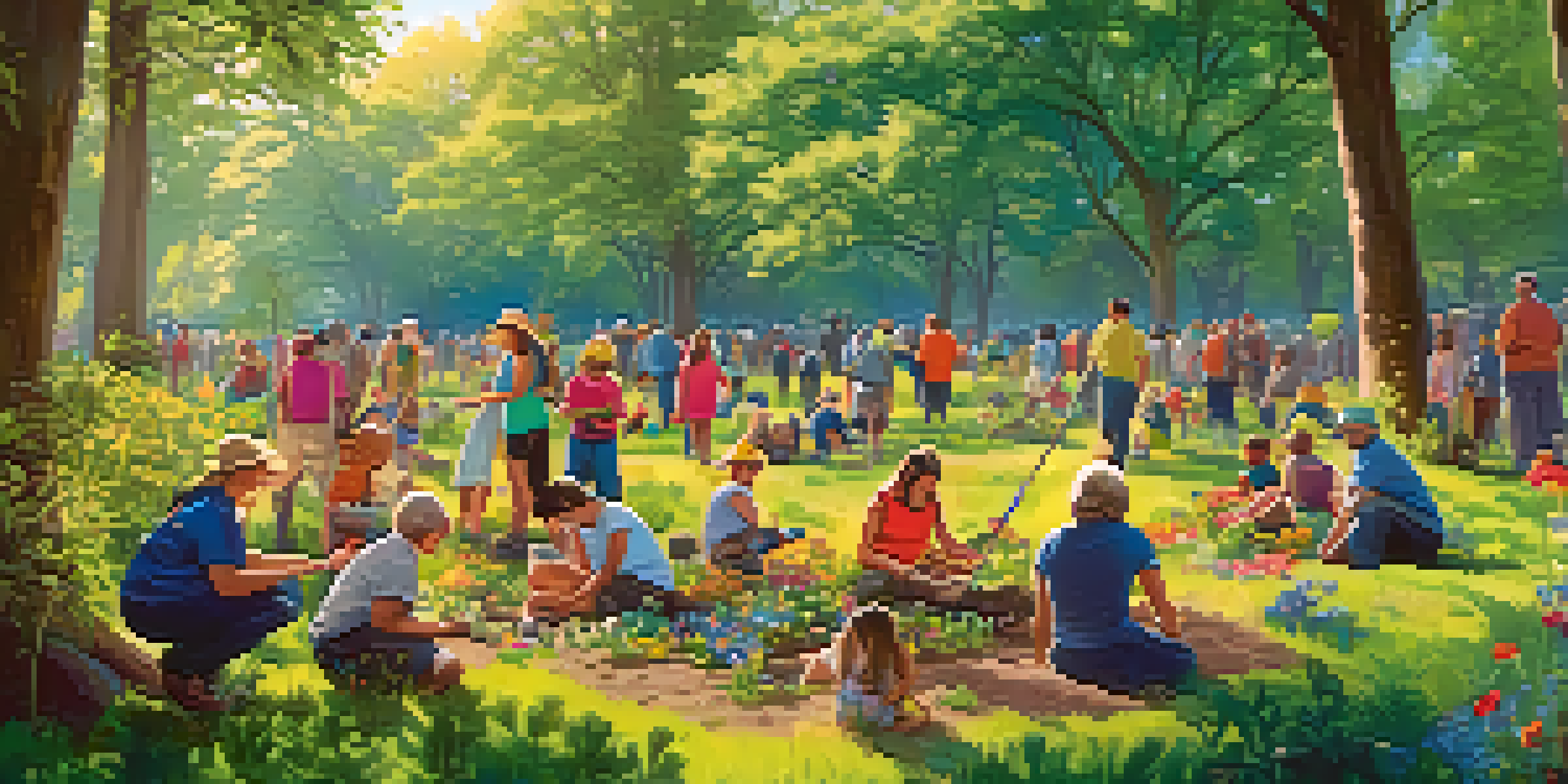 A diverse group of people planting native trees and flowers in a green park during a community restoration project, with sunlight shining through the leaves.