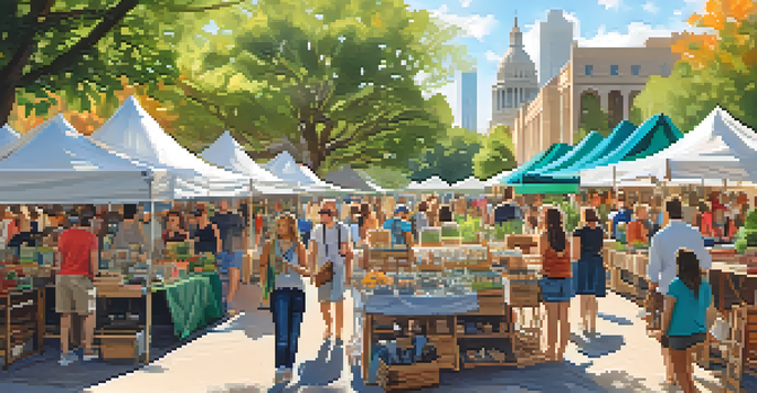 A vibrant artisan market in Austin with colorful stalls showcasing handmade goods, surrounded by people enjoying the sunny weather and live music.