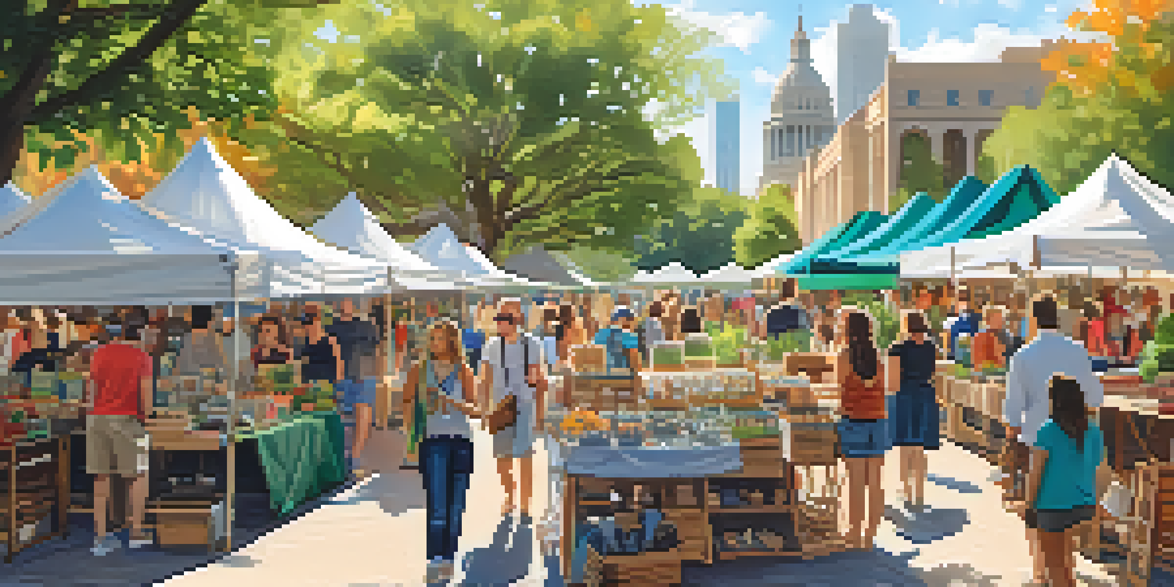 A vibrant artisan market in Austin with colorful stalls showcasing handmade goods, surrounded by people enjoying the sunny weather and live music.