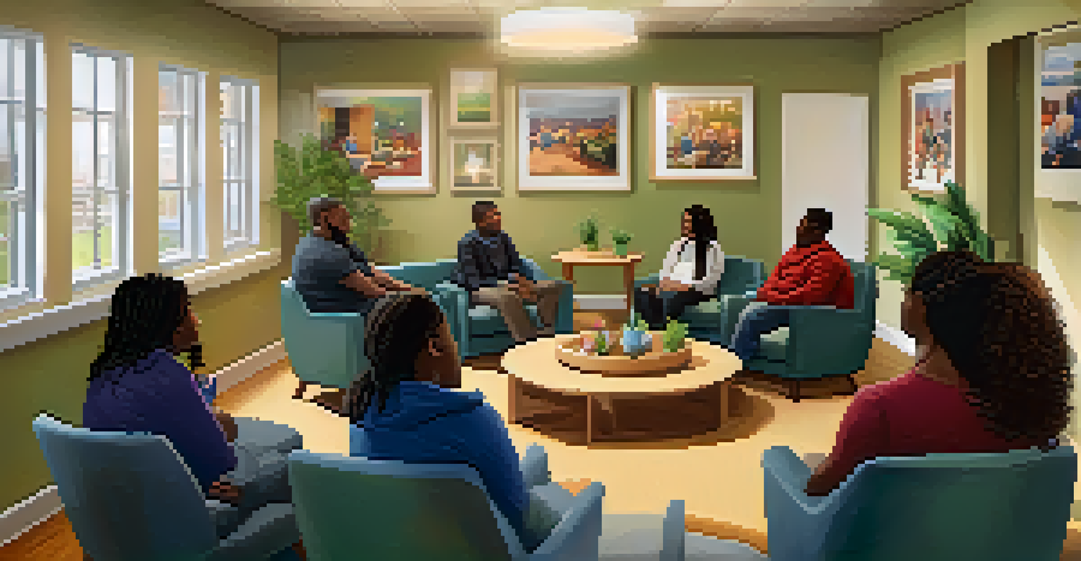 A support group meeting in a warmly lit nonprofit mental health center, with participants seated in a circle discussing their experiences.
