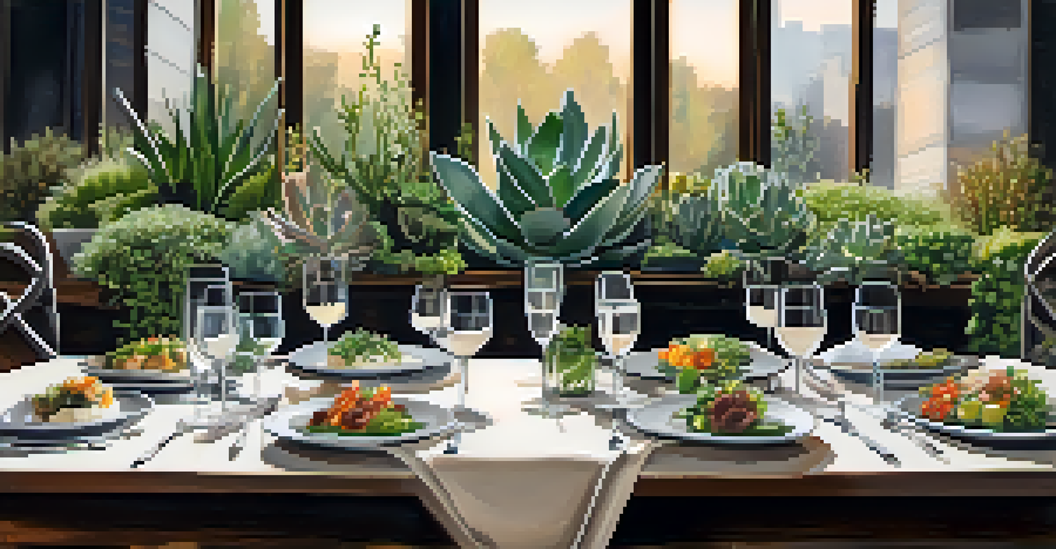 A beautifully set table in a gourmet vegan restaurant with elegantly plated dishes and soft ambient lighting.