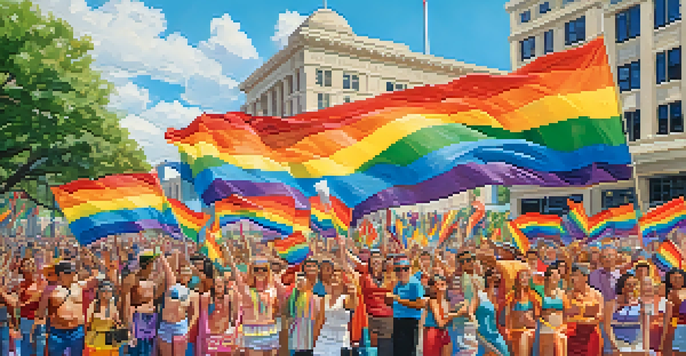 A lively Austin Pride Parade with diverse individuals in colorful outfits, rainbow flags, and Austin landmarks in the background.