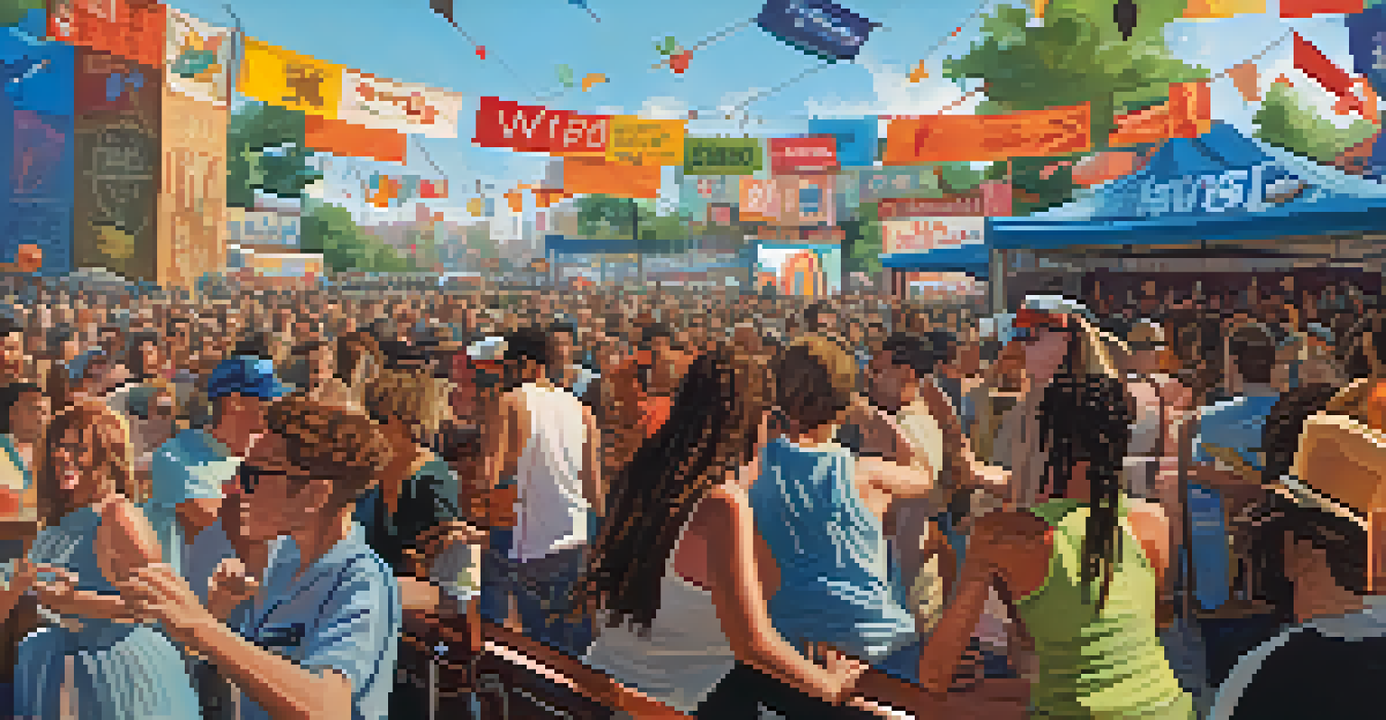 A vibrant crowd enjoying a live music performance at the SXSW festival, with colorful banners and an outdoor stage under a clear blue sky.